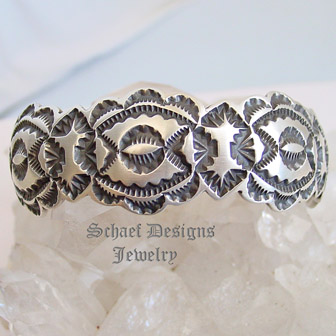 Artist Signed LO Morrison HEAVY Stamped Cuff Stacking Bracelet | Schaef Designs Collectible Turquoise Jewelry | New Mexico  